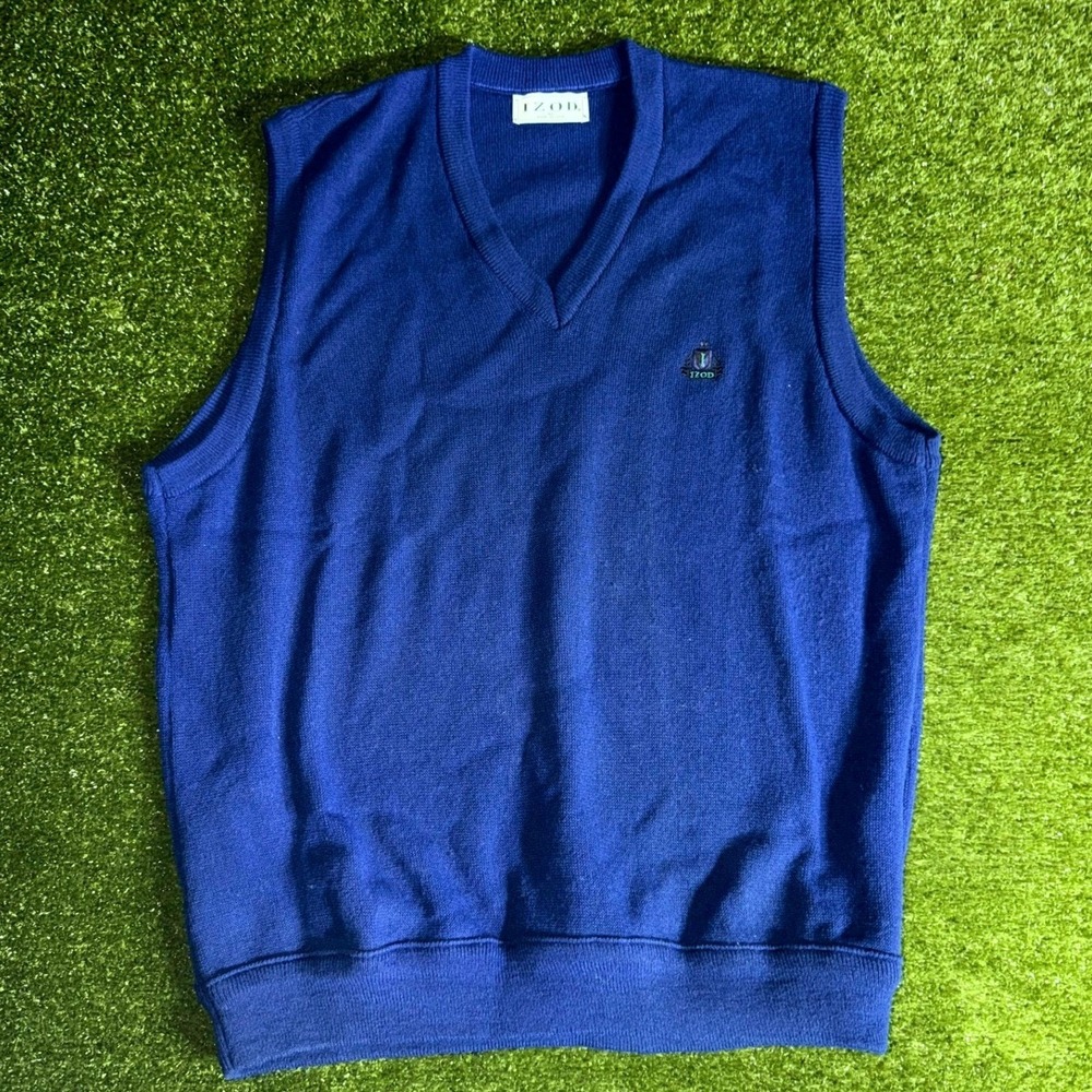 Vintage IZOD Royal Blue V-Neck Sweater Vest XL Made in USA PreppyKnit Crest Logo